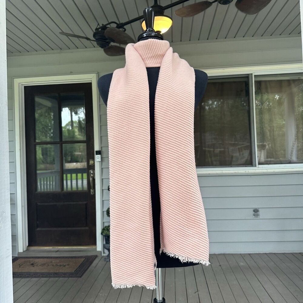 Lands' End Pink Ribbed Knit Scarf Frayed Fringe Edge Wrap Shawl Women's 82"x18.5